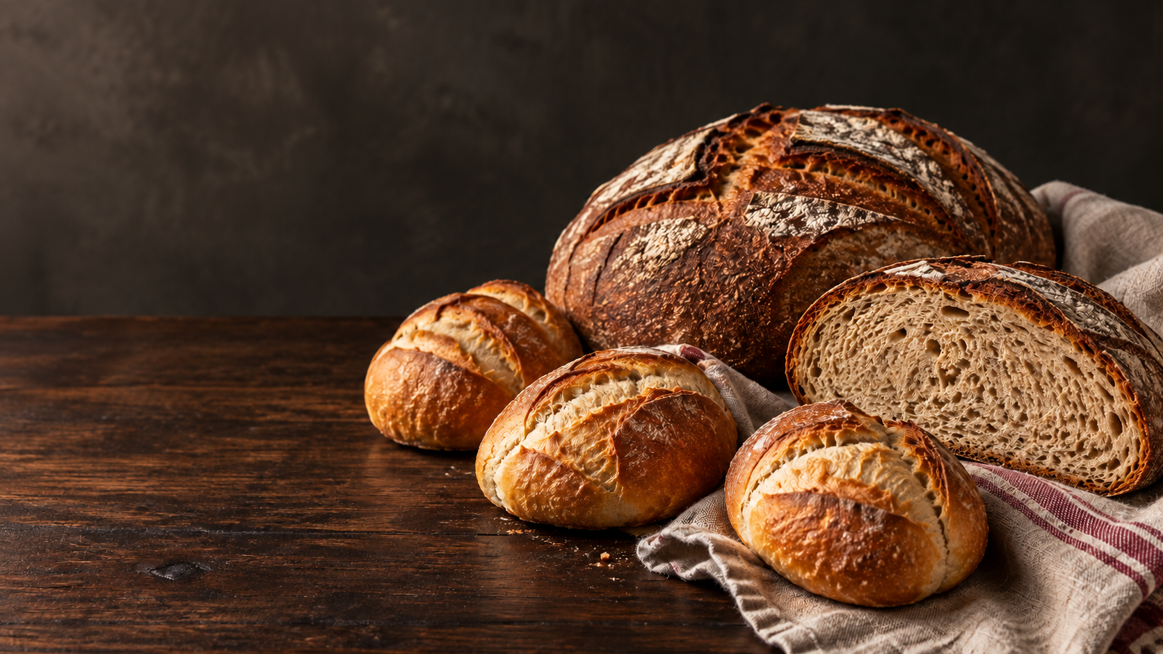 Artisan country bread and golden Brötchen on a dark wooden bakery table